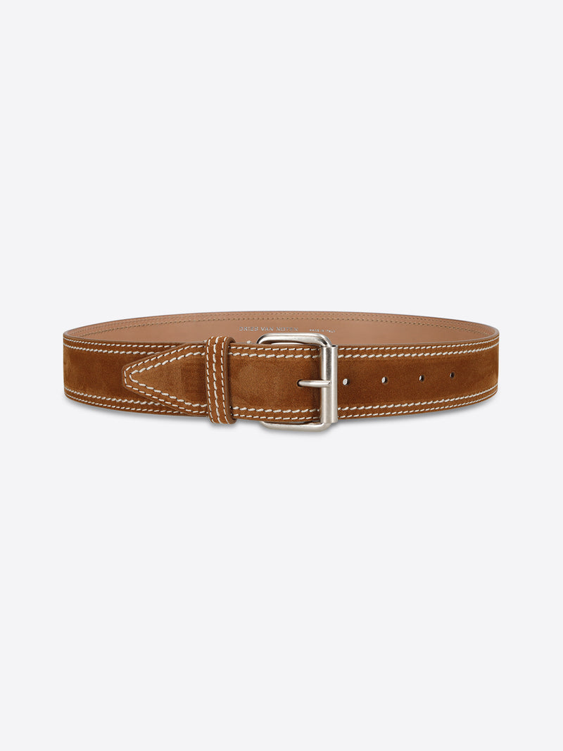 Brown leather belt with a silver buckle on a white background - Dries Van Noten