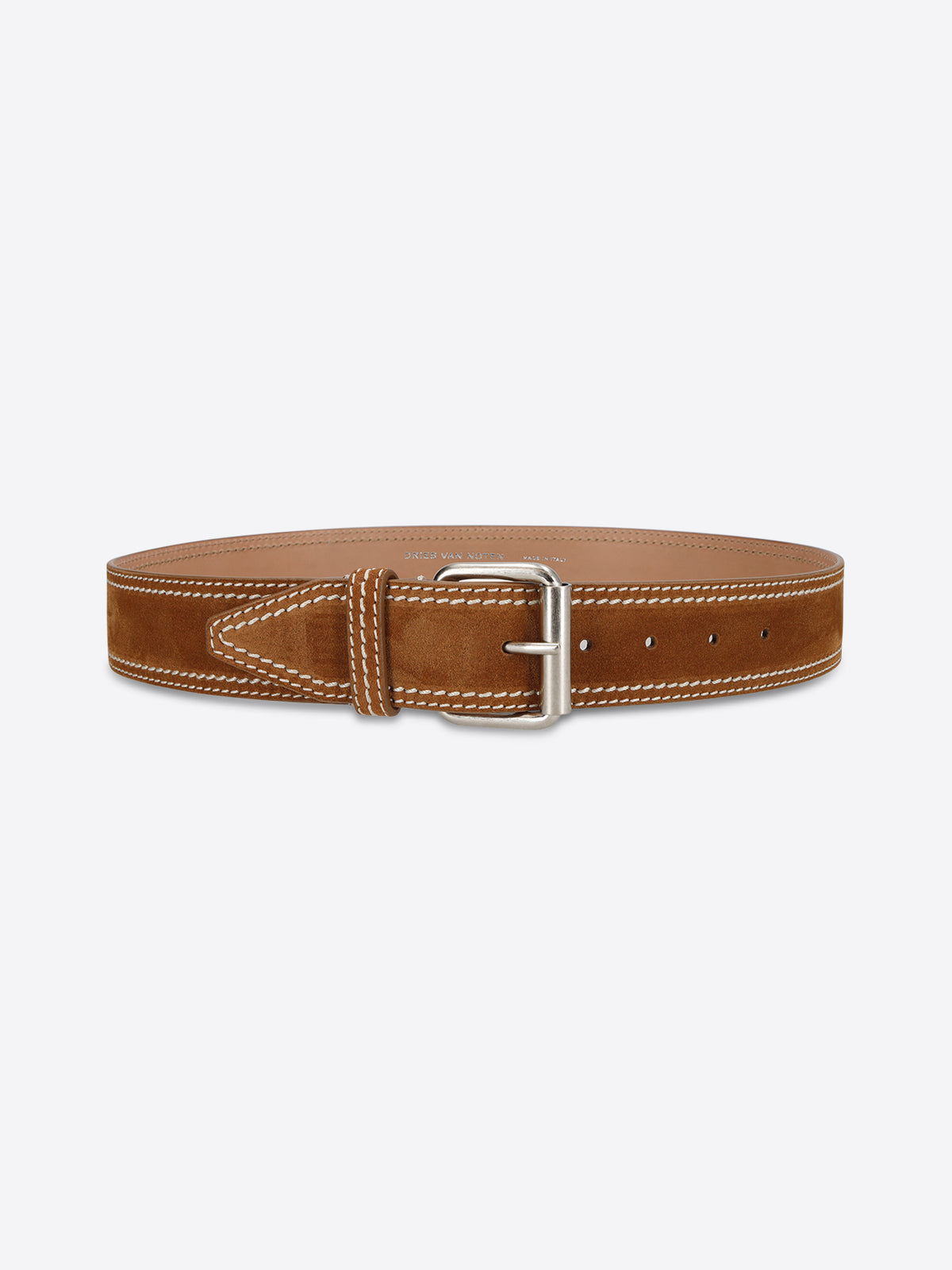 Brown leather belt with a silver buckle on a white background - Dries Van Noten