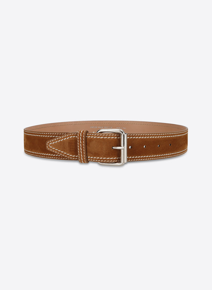 Brown leather belt with a silver buckle on a white background - Dries Van Noten