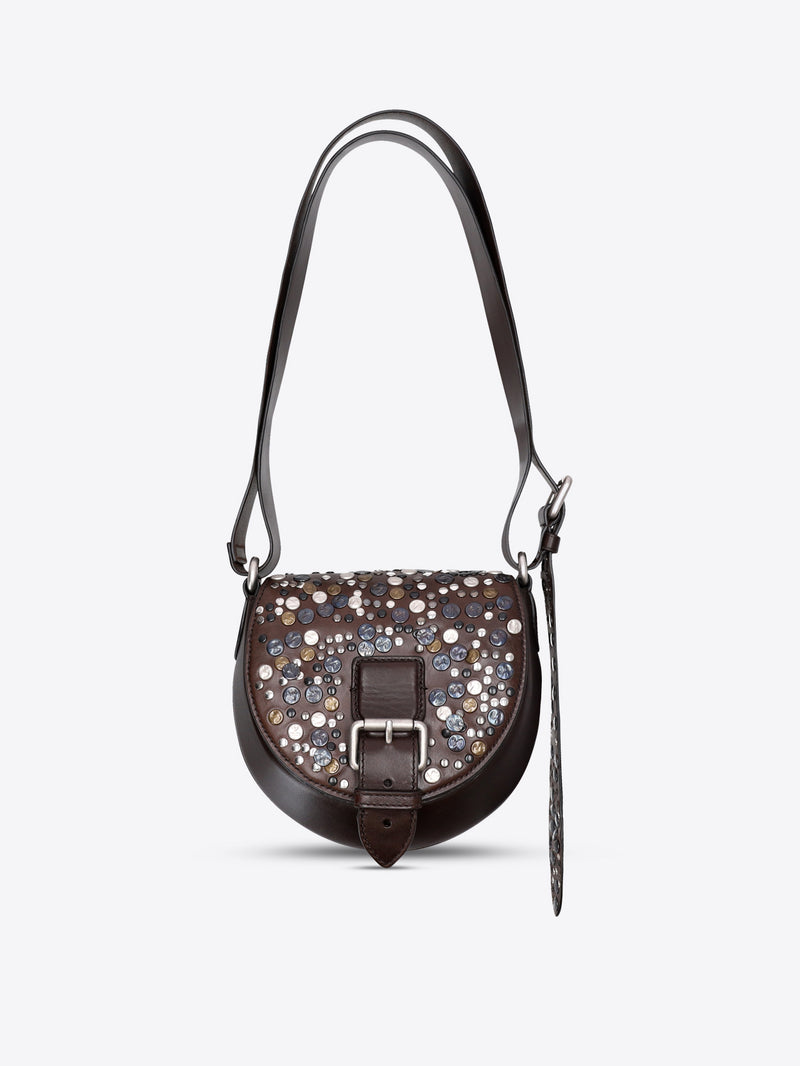 Brown leather handbag with decorative studs on a white background - Dries Van Noten