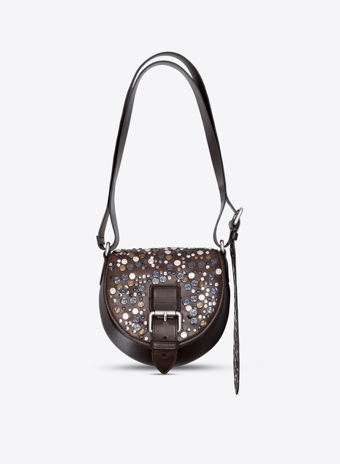 Brown leather handbag with decorative studs on a white background - Dries Van Noten