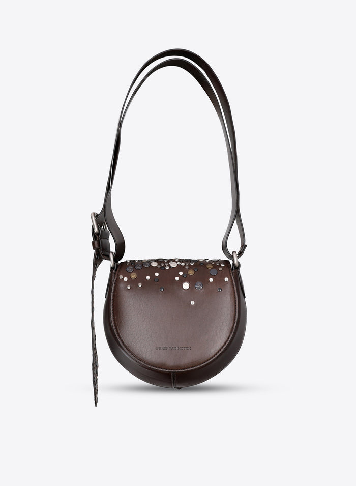 Brown leather handbag with decorative studs on a light gray background - Dries Van Noten
