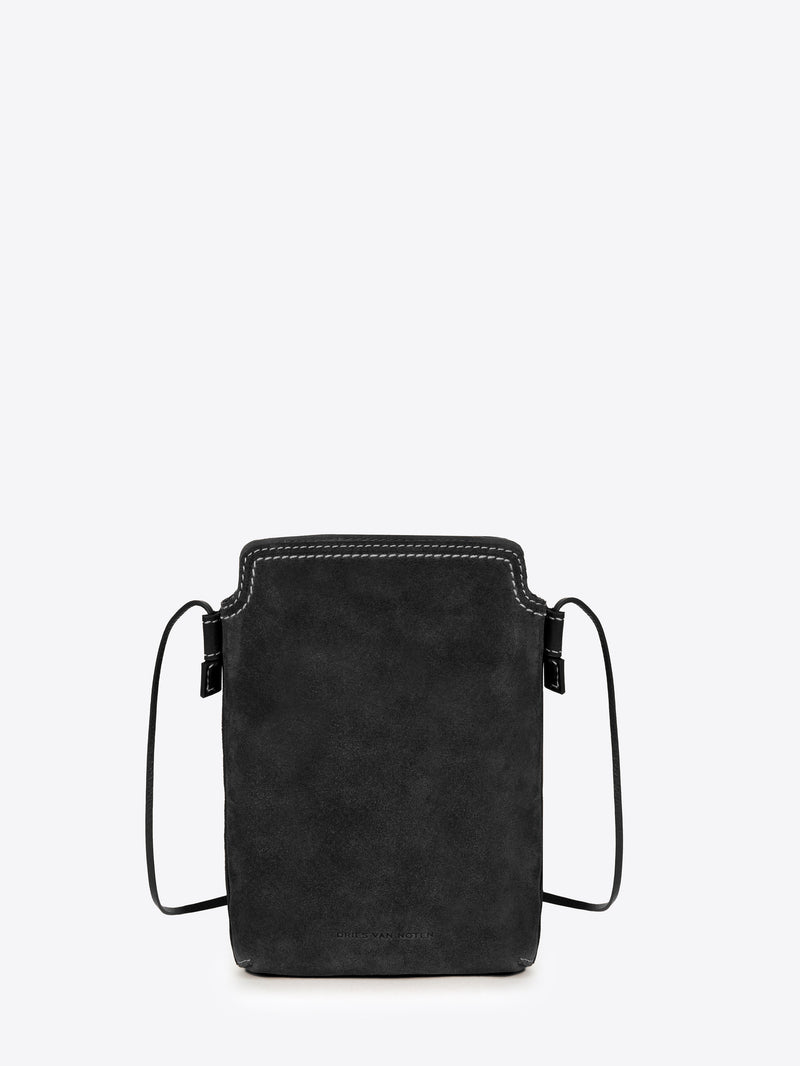 Black suede phone pouch with shoulder strap on a white background - Dries Van Noten