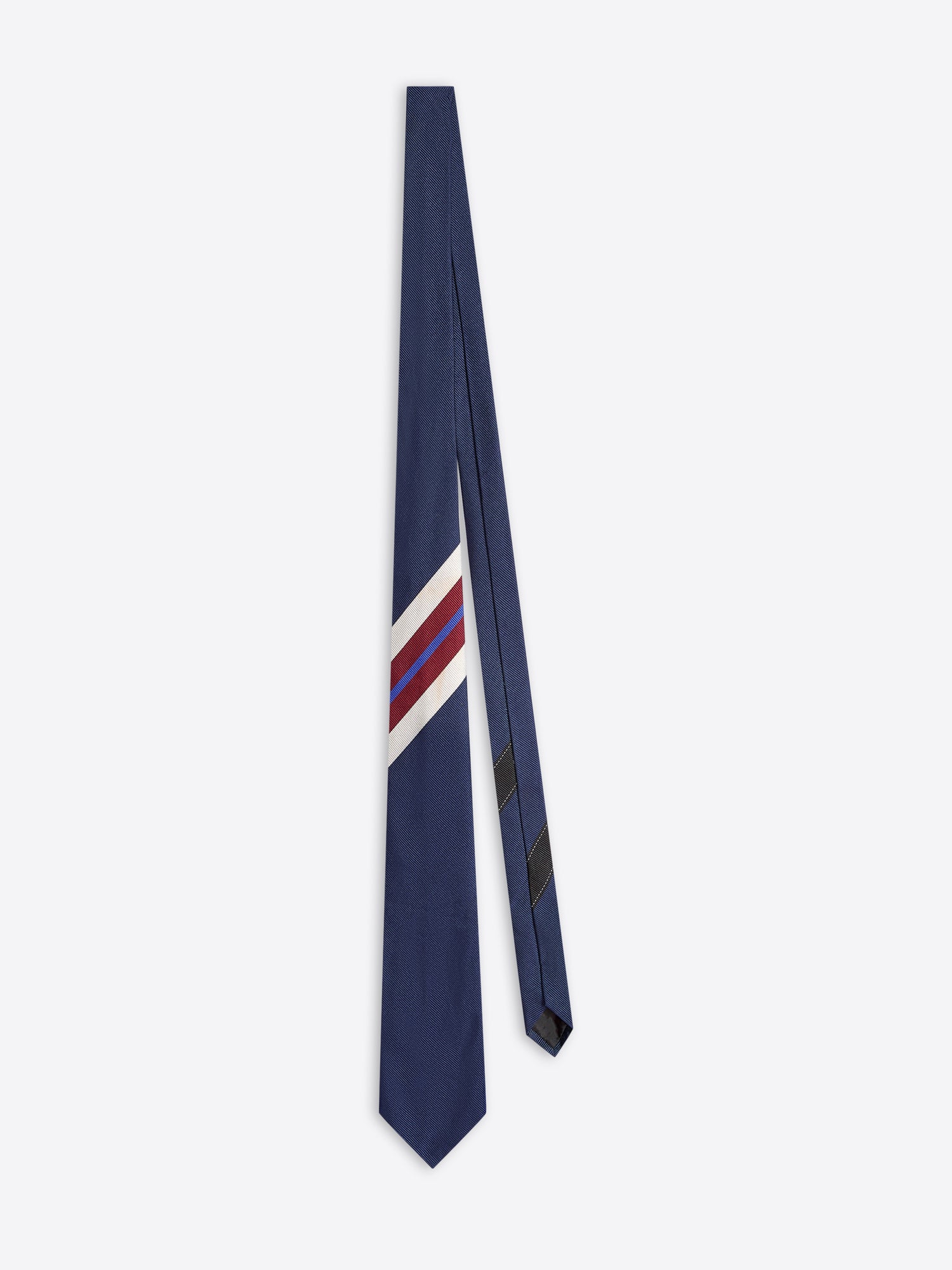 Navy blue tie with red and white stripes on a white background - Dries Van Noten
