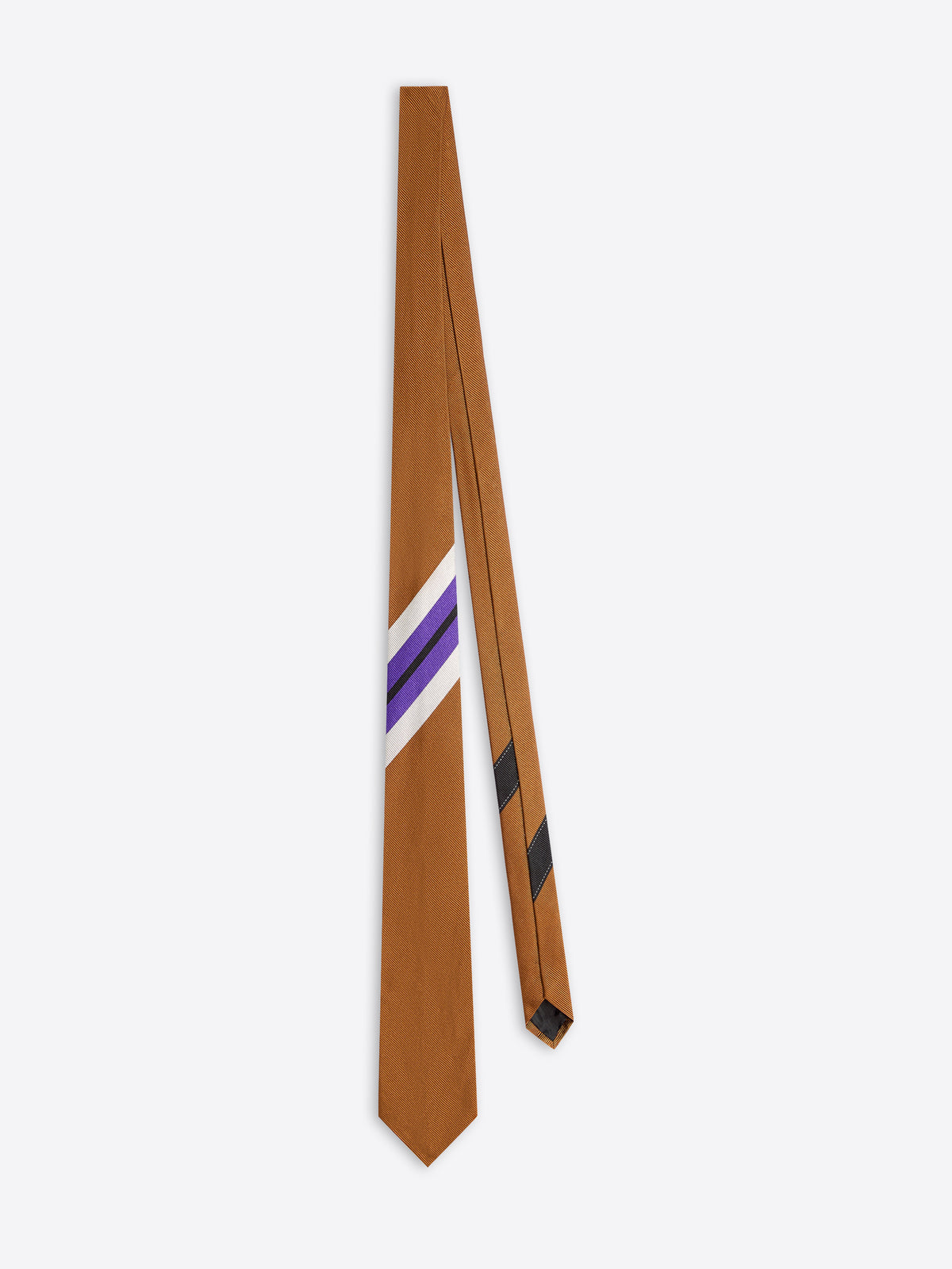 Brown tie with purple and white stripes on a white background