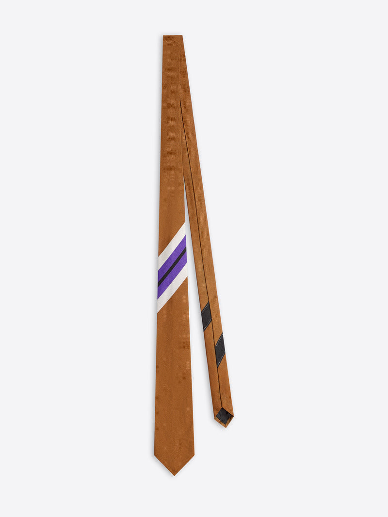 Brown tie with purple and white stripes on a white background