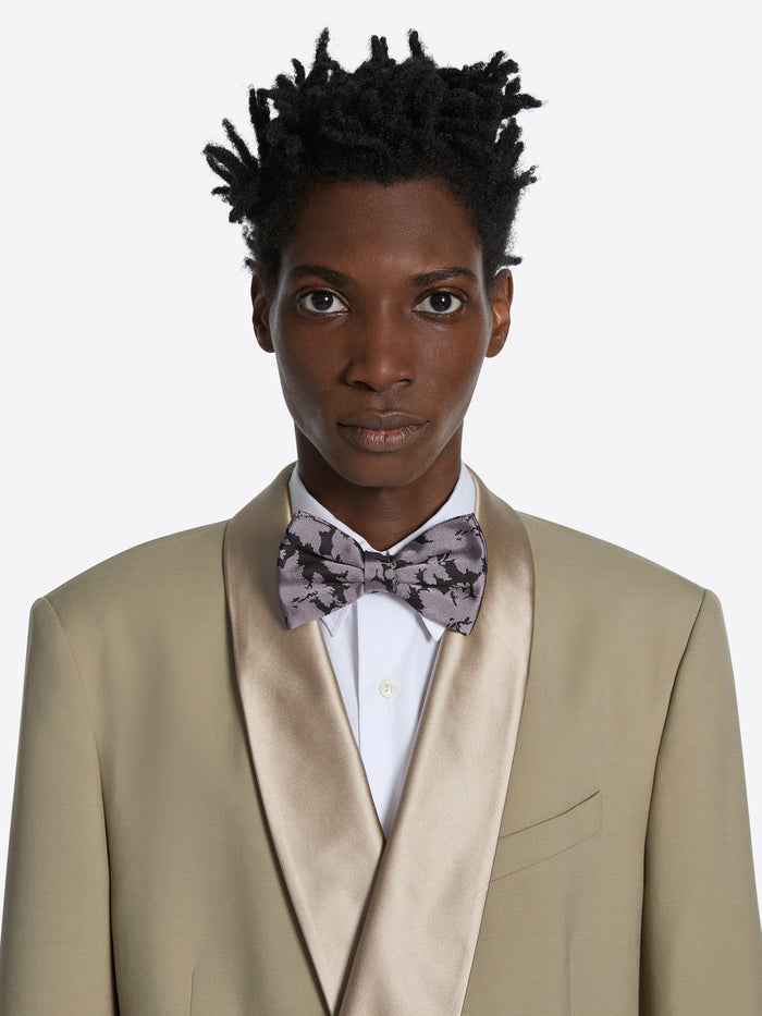 Person wearing a suit and a bow tie on a white background