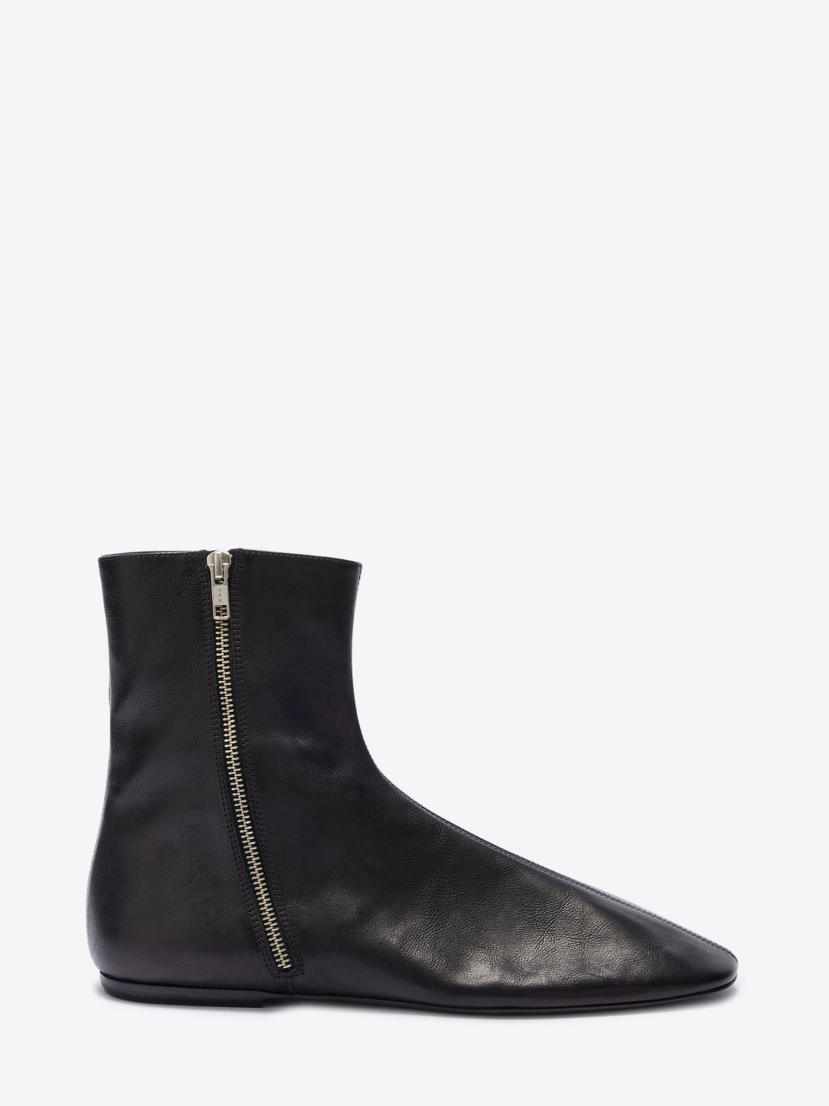 Black ankle boot with a zipper on a white background
