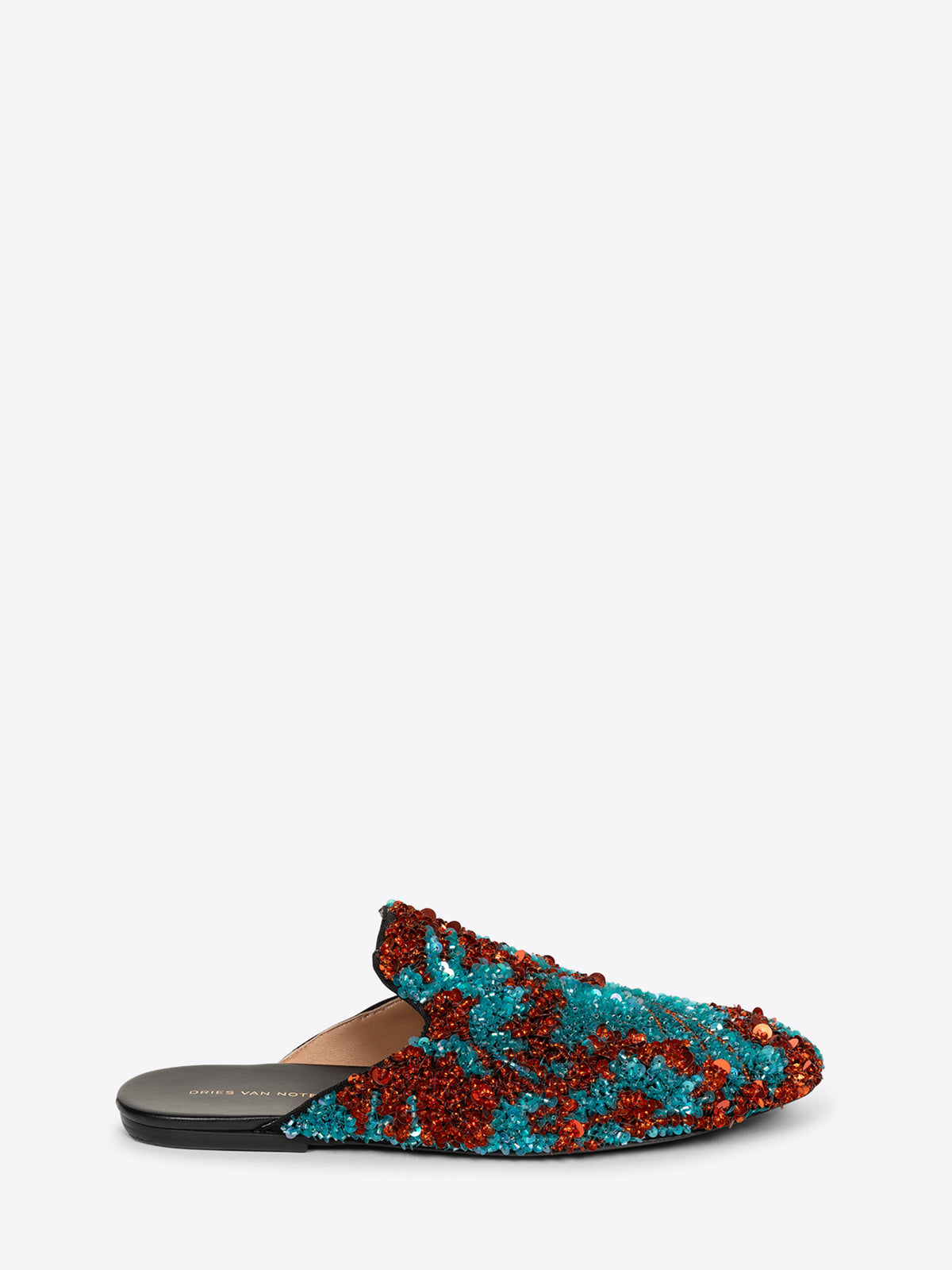 Decorative slipper with blue and red embellishments on a white background - Dries Van Noten