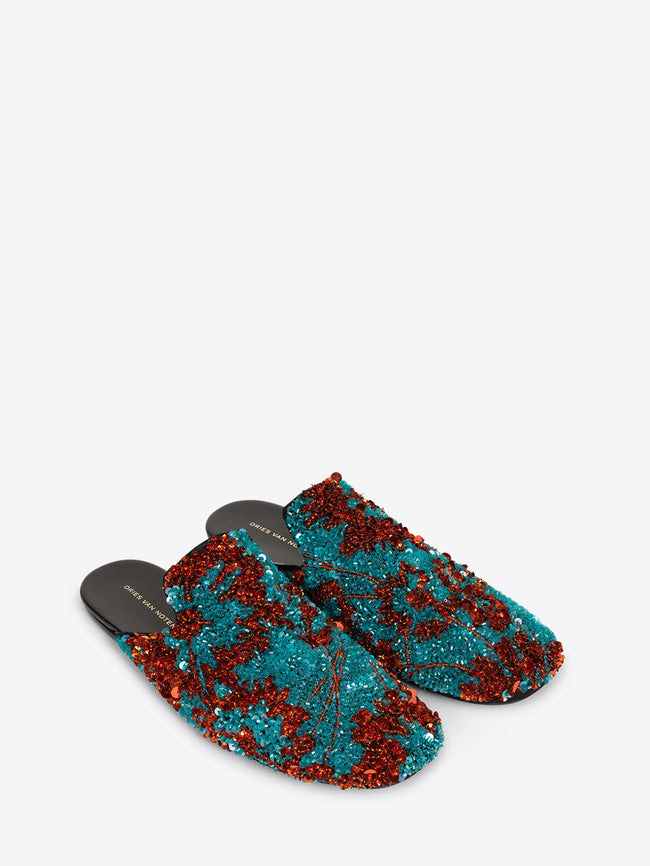 Turquoise and red slippers on a white background - Dries Van Noten