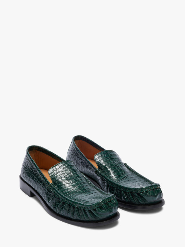 Green crocodile-textured loafers on a white background - Dries Van Noten