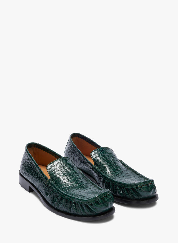 Green crocodile-textured loafers on a white background - Dries Van Noten