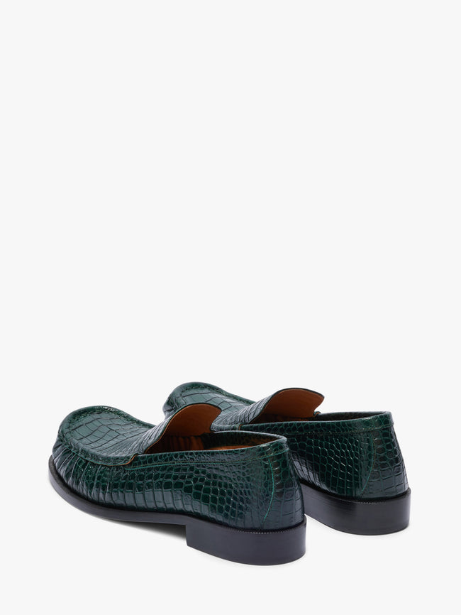 Green crocodile-textured loafers on a white background - Dries Van Noten
