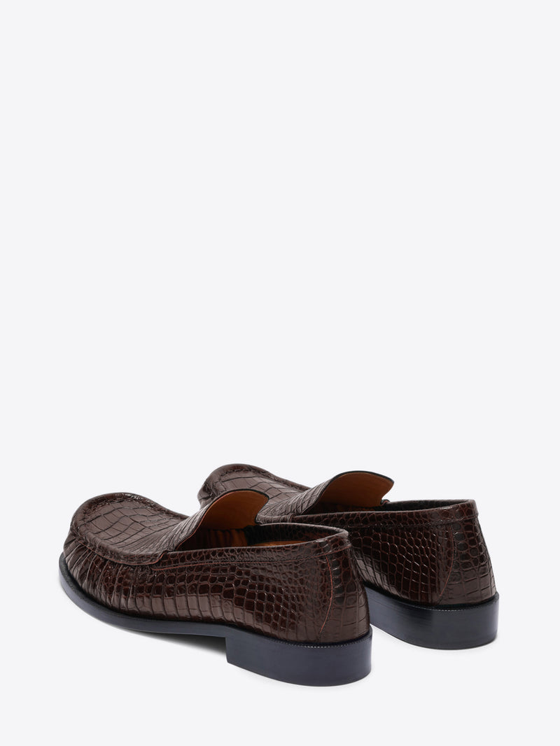 Brown crocodile-textured loafers on a white background - Dries Van Noten