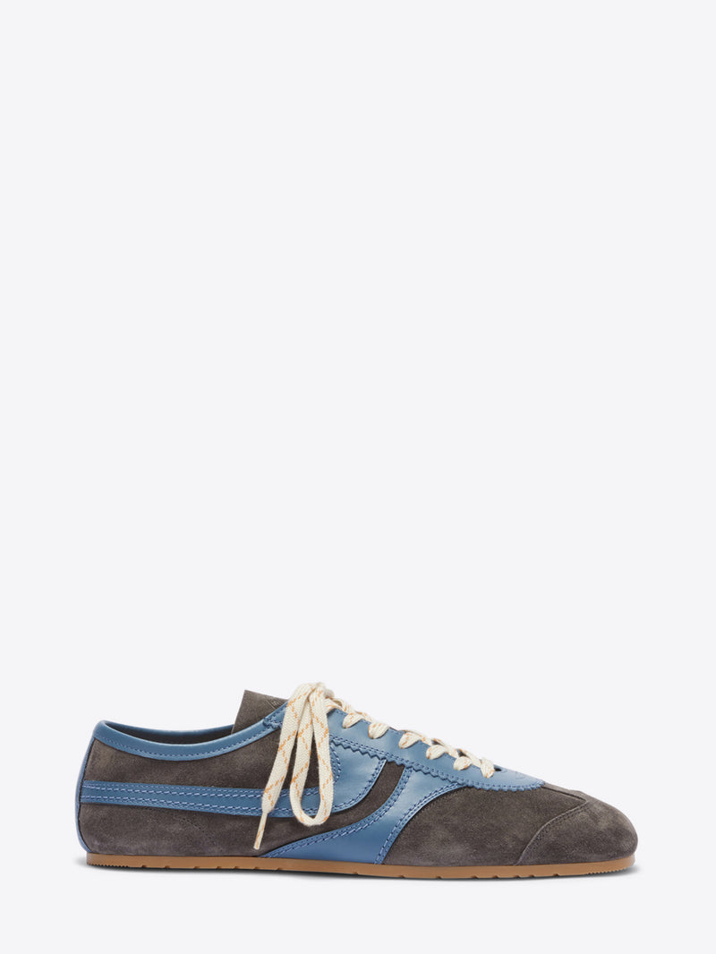 Sneaker with blue and brown design on a white background
