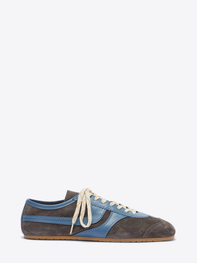 Sneaker with blue and brown design on a white background