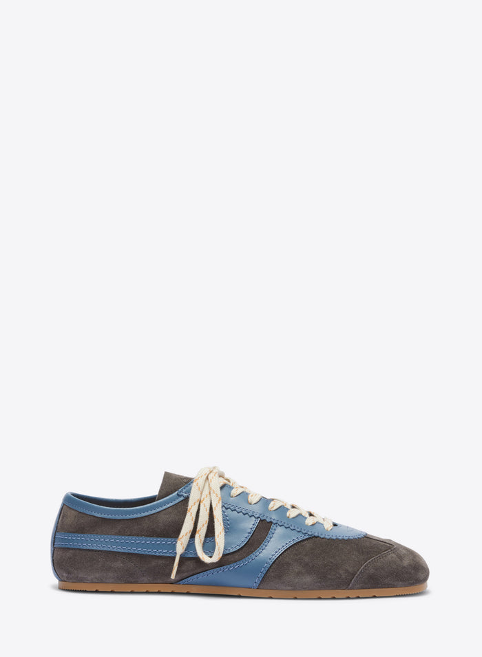 Sneaker with blue and brown design on a white background