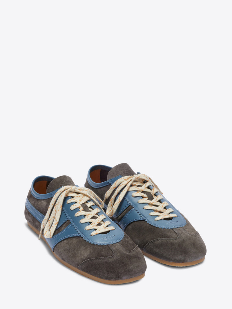 Sneaker with blue and brown design on a white background
