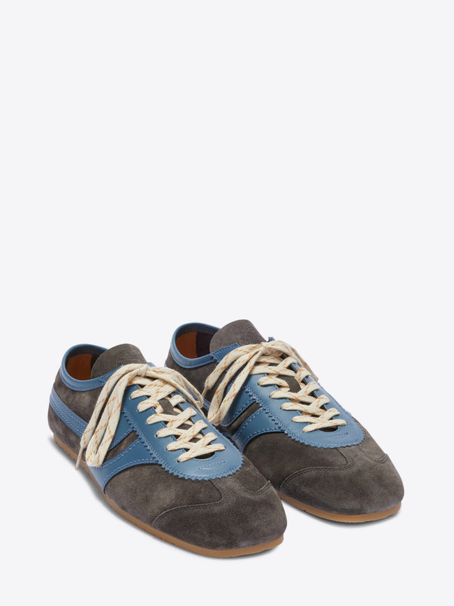 Sneaker with blue and brown design on a white background