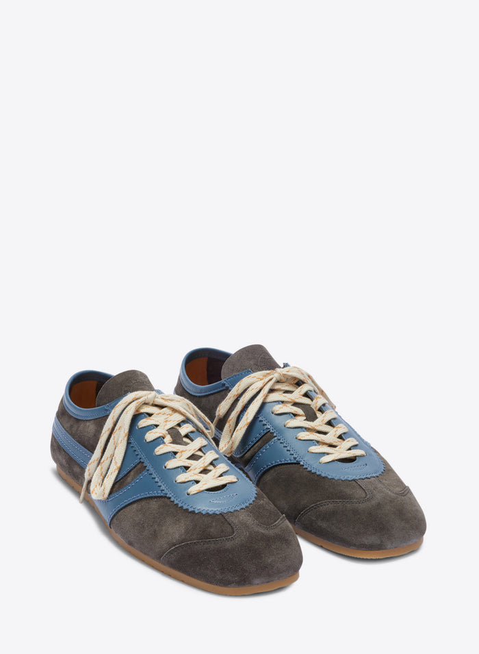 Sneaker with blue and brown design on a white background