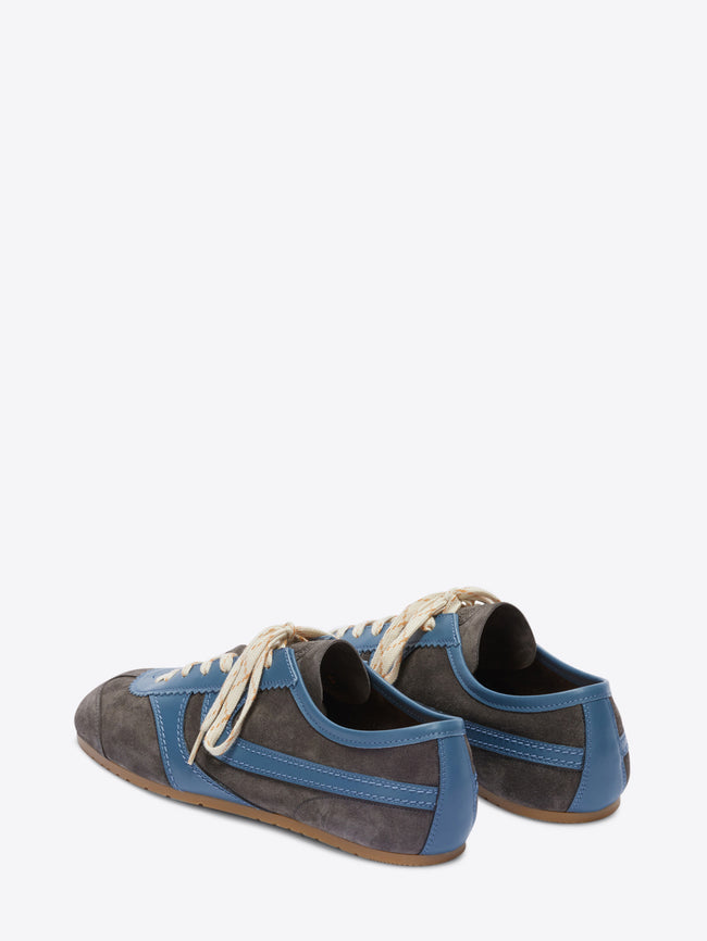 Pair of blue and gray sneakers on a white background