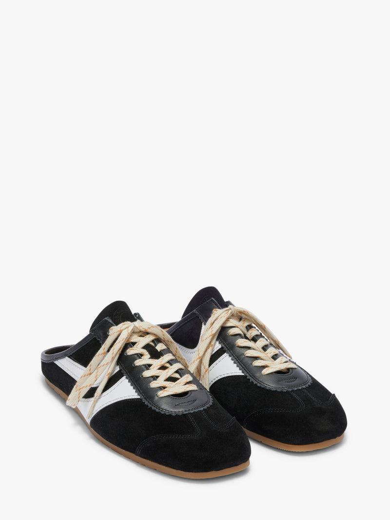 Black and white sneakers with brown soles on a white background