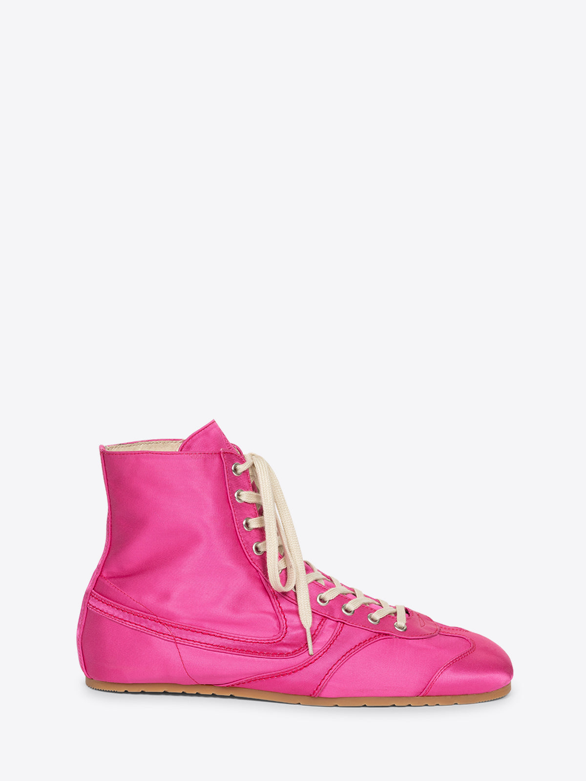 Pink high-top sneaker with white laces on a white background - Dries Van Noten