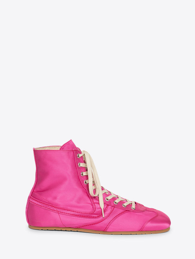 Pink high-top sneaker with white laces on a white background - Dries Van Noten