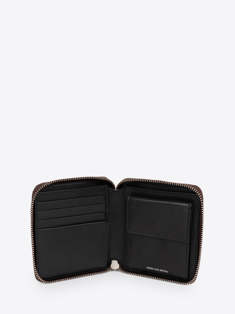 Black leather wallet with open design on a white background - Dries Van Noten