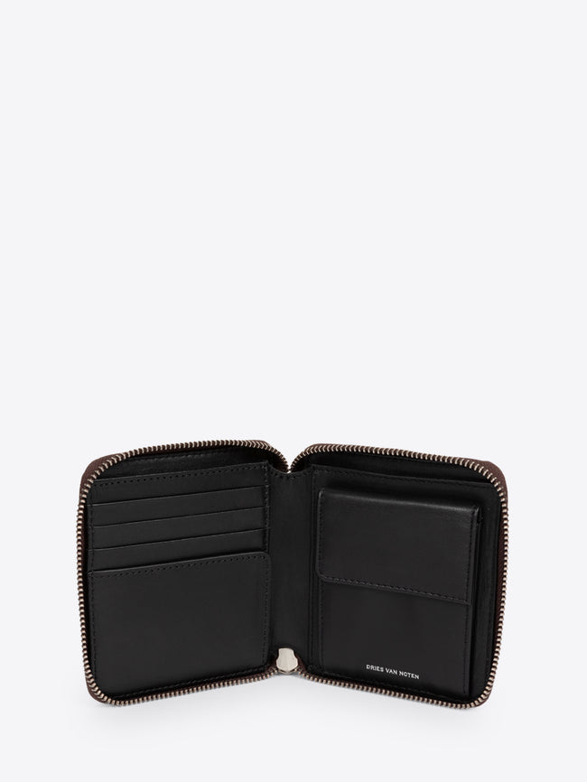 Black leather wallet with open design on a white background - Dries Van Noten