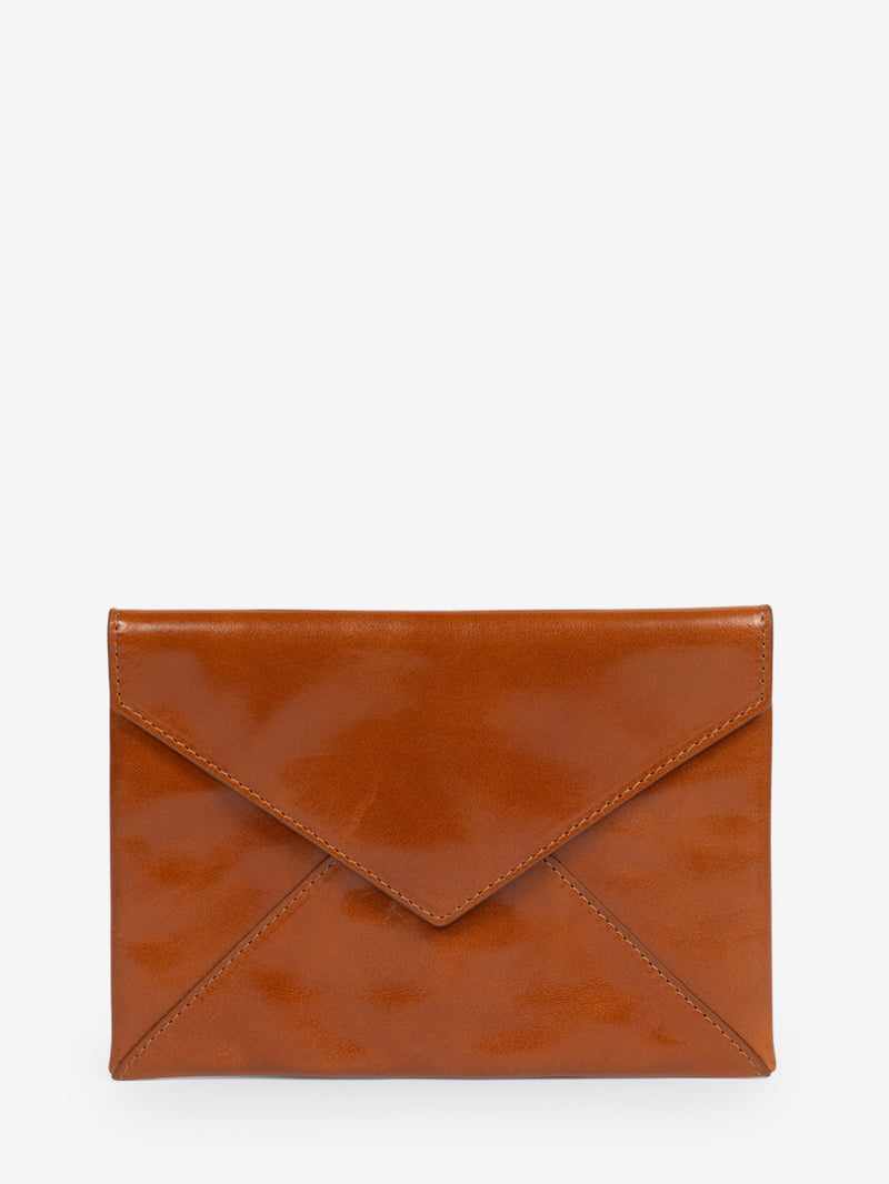 Brown leather envelope clutch on a white background - Dries Van Noten