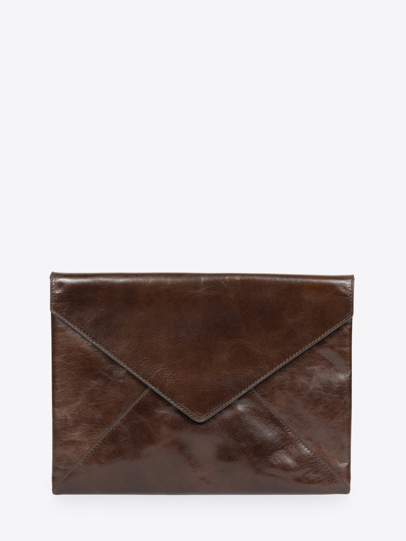 Brown leather envelope clutch on a white background - Dries Van Noten