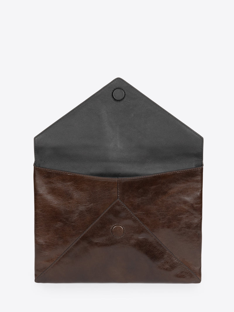 Two-tone leather envelope with dark brown and black on a white background - Dries Van Noten