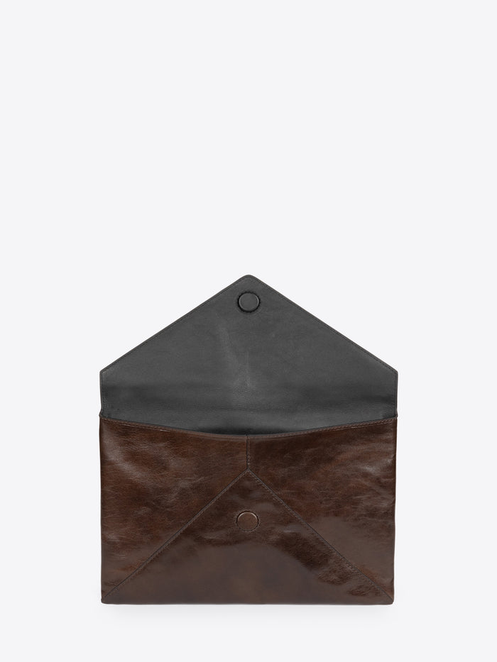 Two-tone leather clutch with dark top and brown bottom on a white background - Dries Van Noten