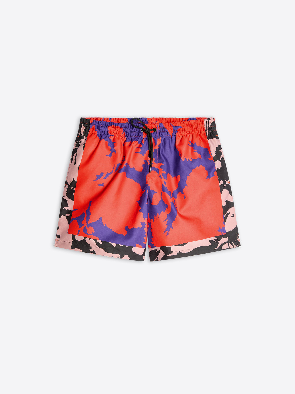 Colorful swim shorts with abstract pattern on a white background