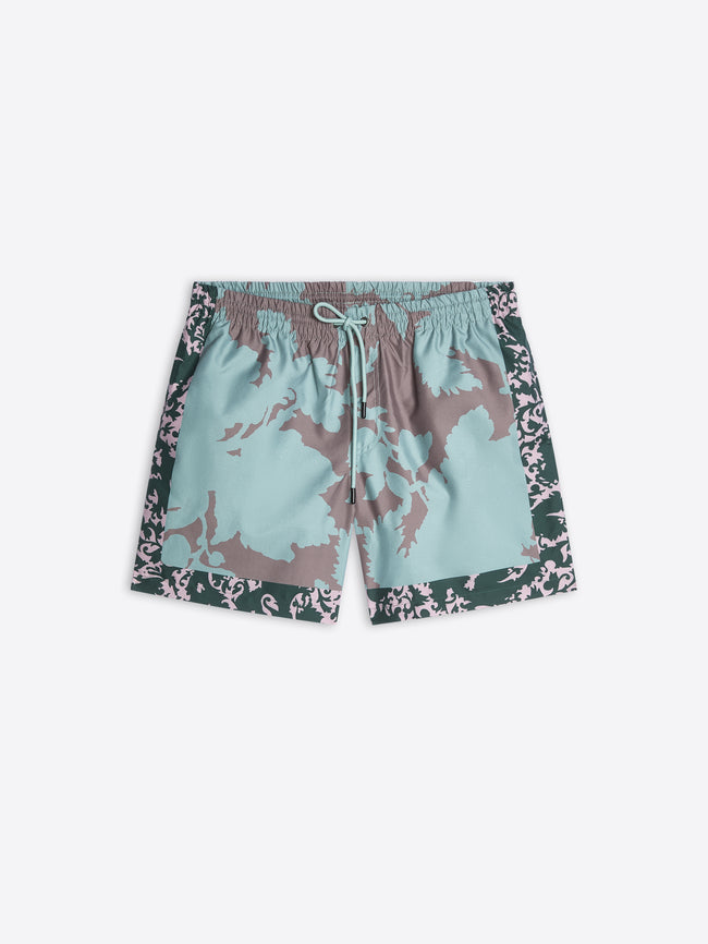 Swim shorts with a floral pattern on a white background