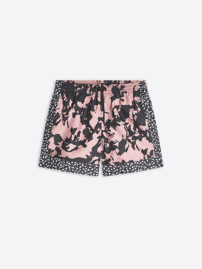 Swim shorts with a floral pattern on a white background
