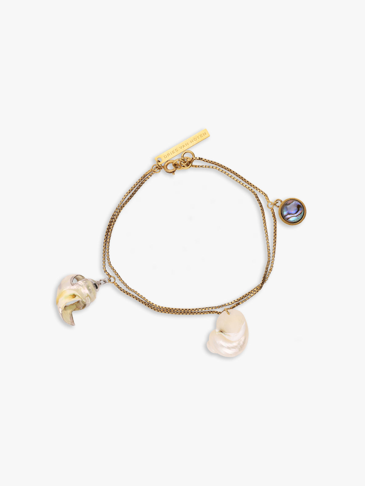 Gold bracelet with charms on a white background