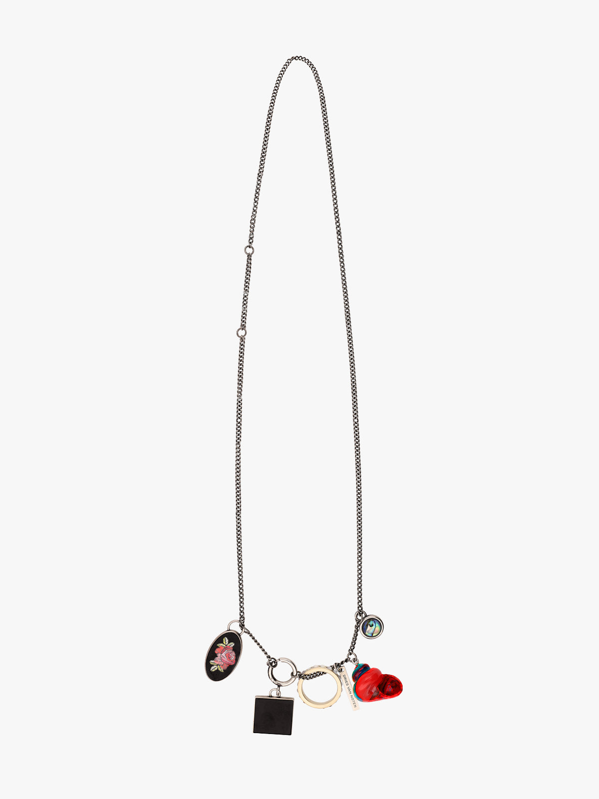 Necklace with various charms on a white background