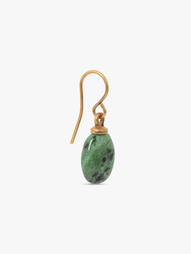 Green stone earring with gold hook on a white background