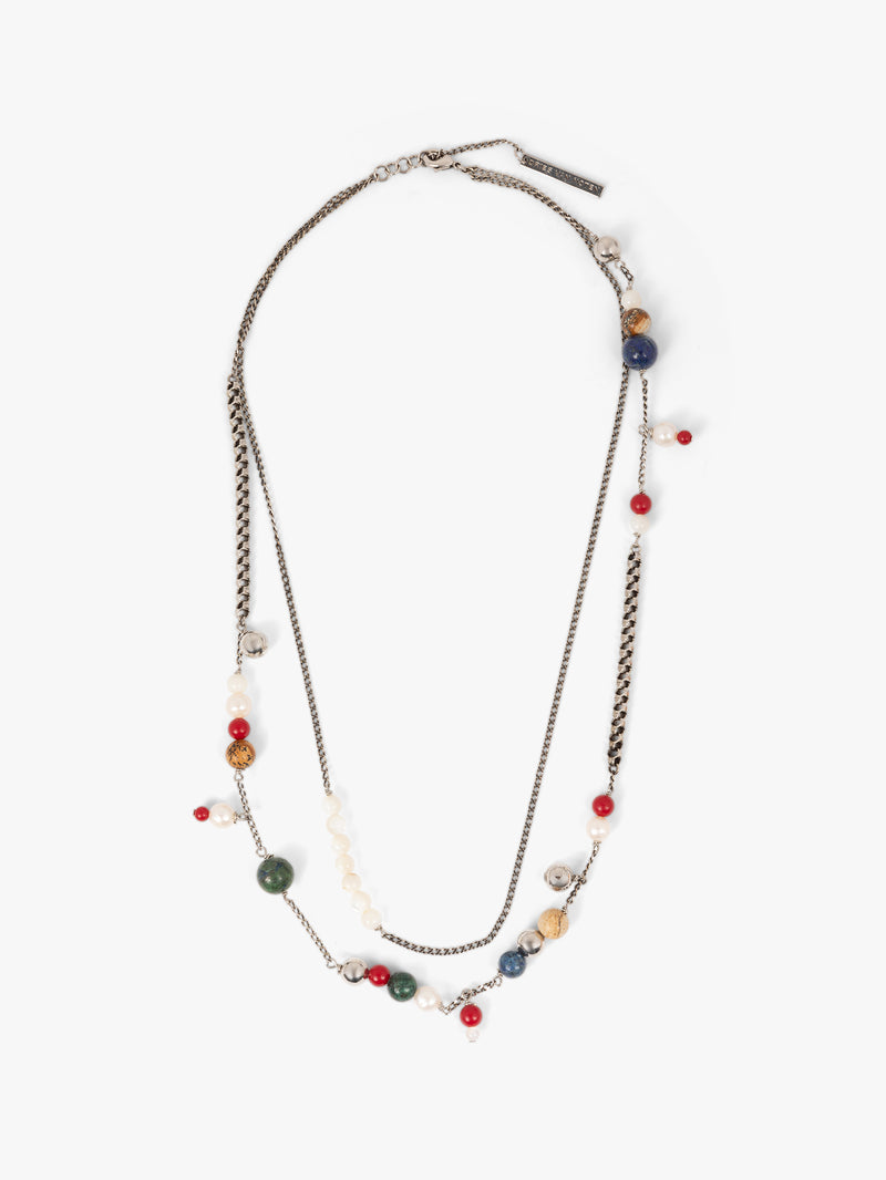Necklace with multicolored beads on a white background