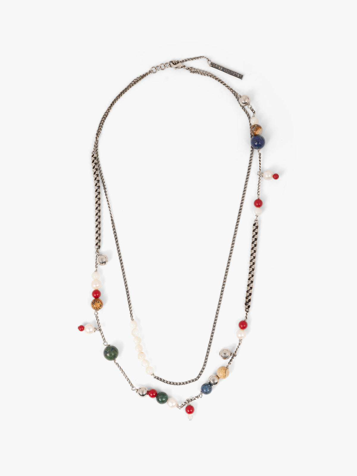 Necklace with multicolored beads on a white background