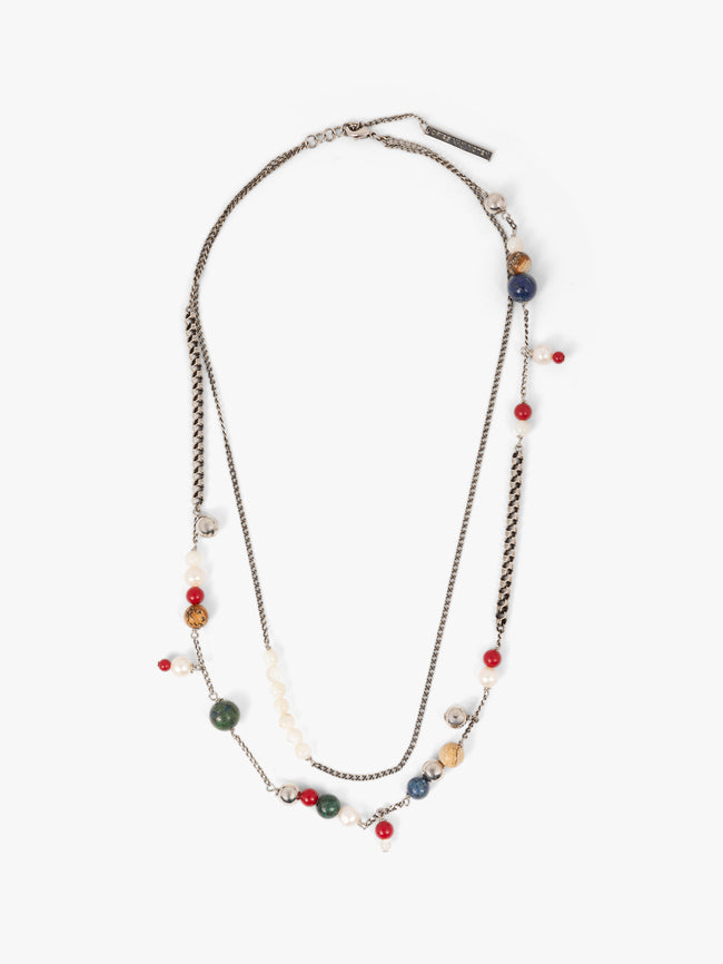 Necklace with multicolored beads on a white background