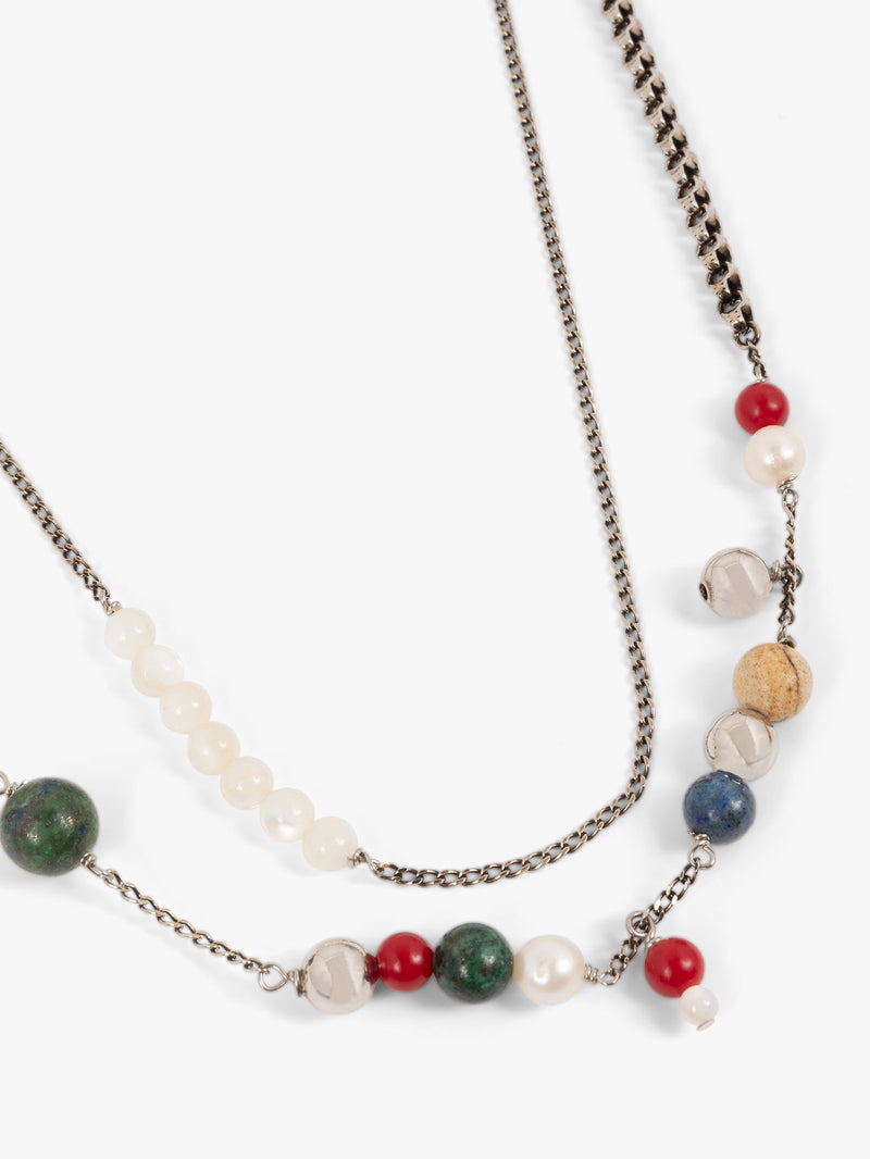 Necklace with multicolored beads on a white background