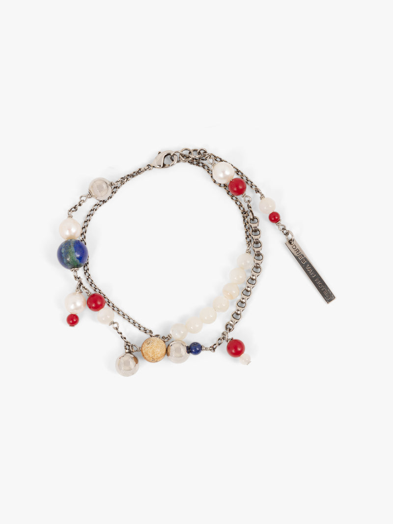 Multicolored beaded bracelet on a white background