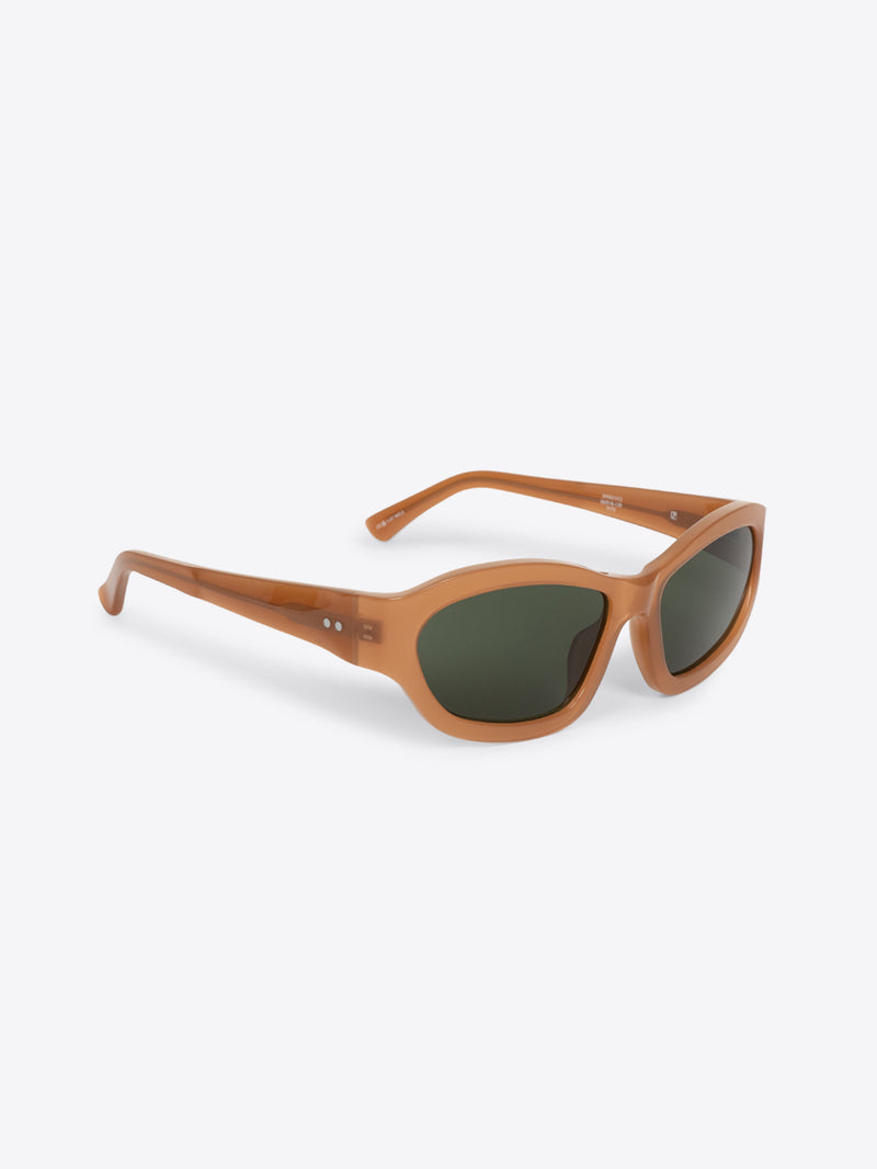 Brown sunglasses with green lenses on a white background