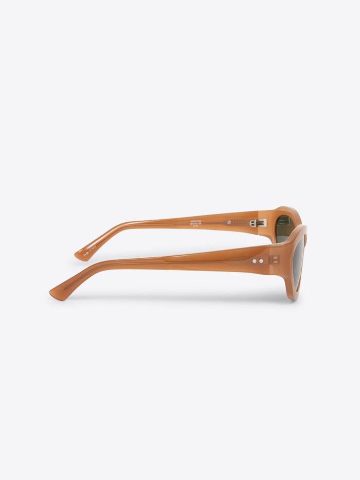 Sunglasses with brown frame and dark lenses on a white background