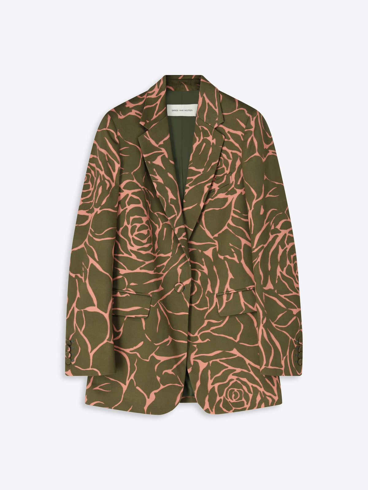 Green blazer with pink floral pattern on a white background