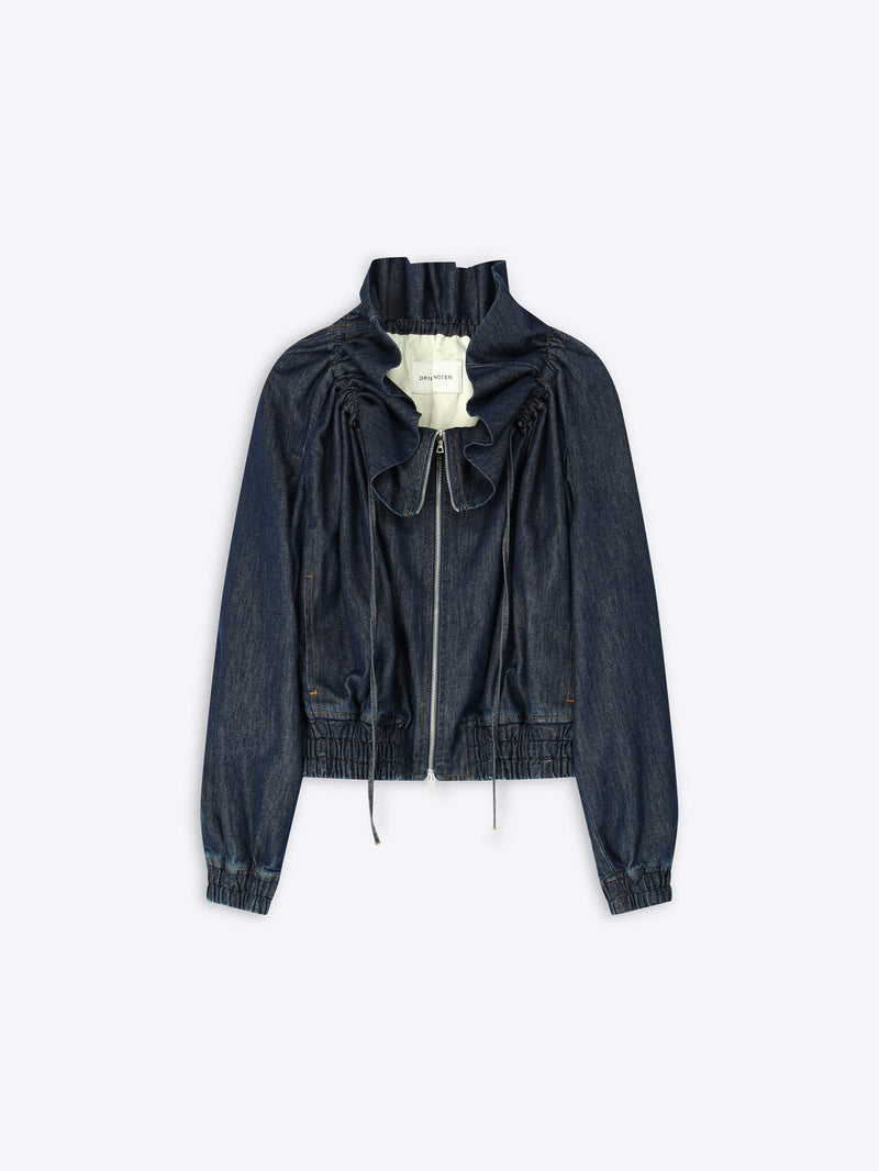 Dark denim jacket with ruffled details on a white background