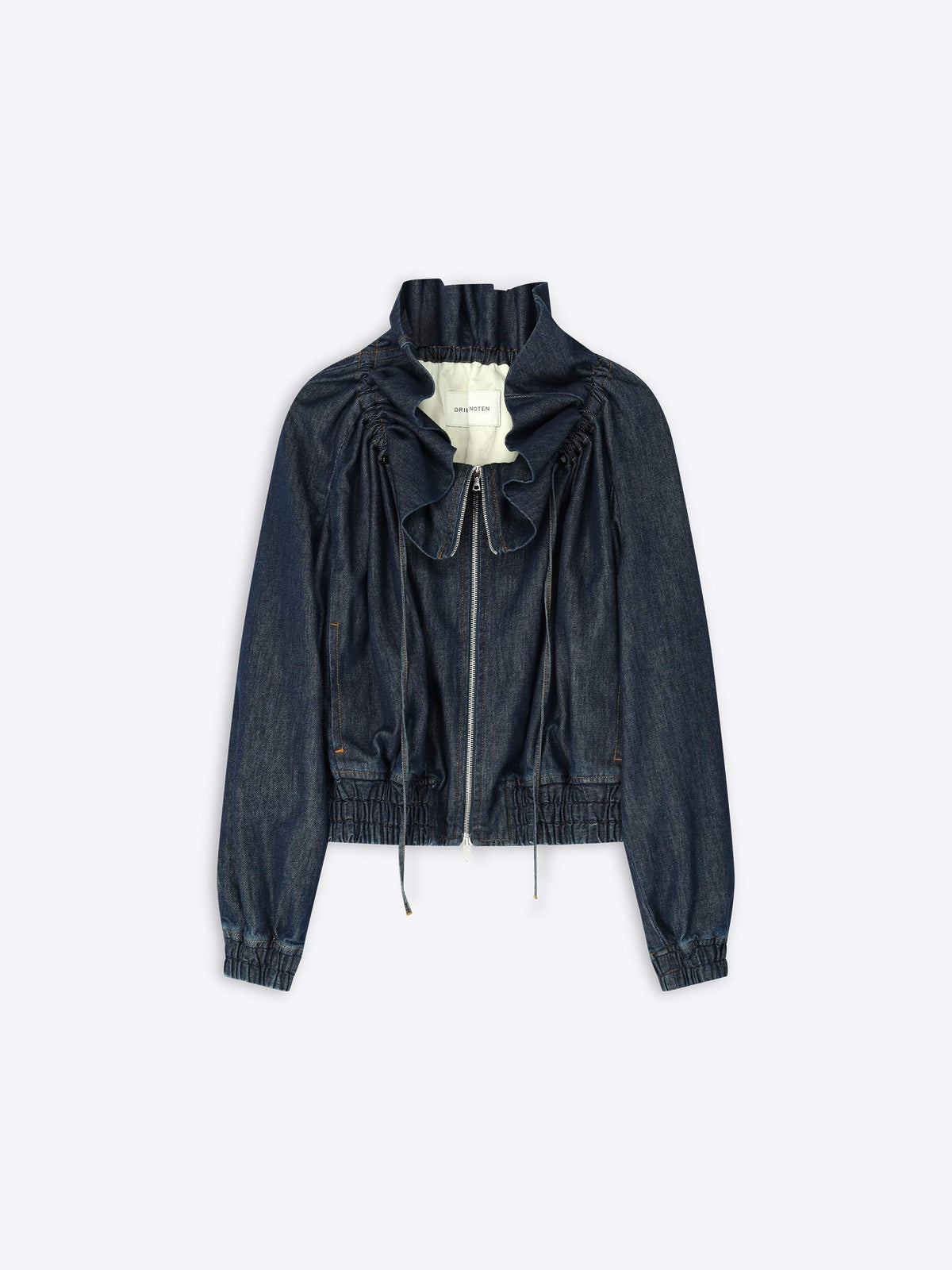 Dark denim jacket with ruffled details on a white background